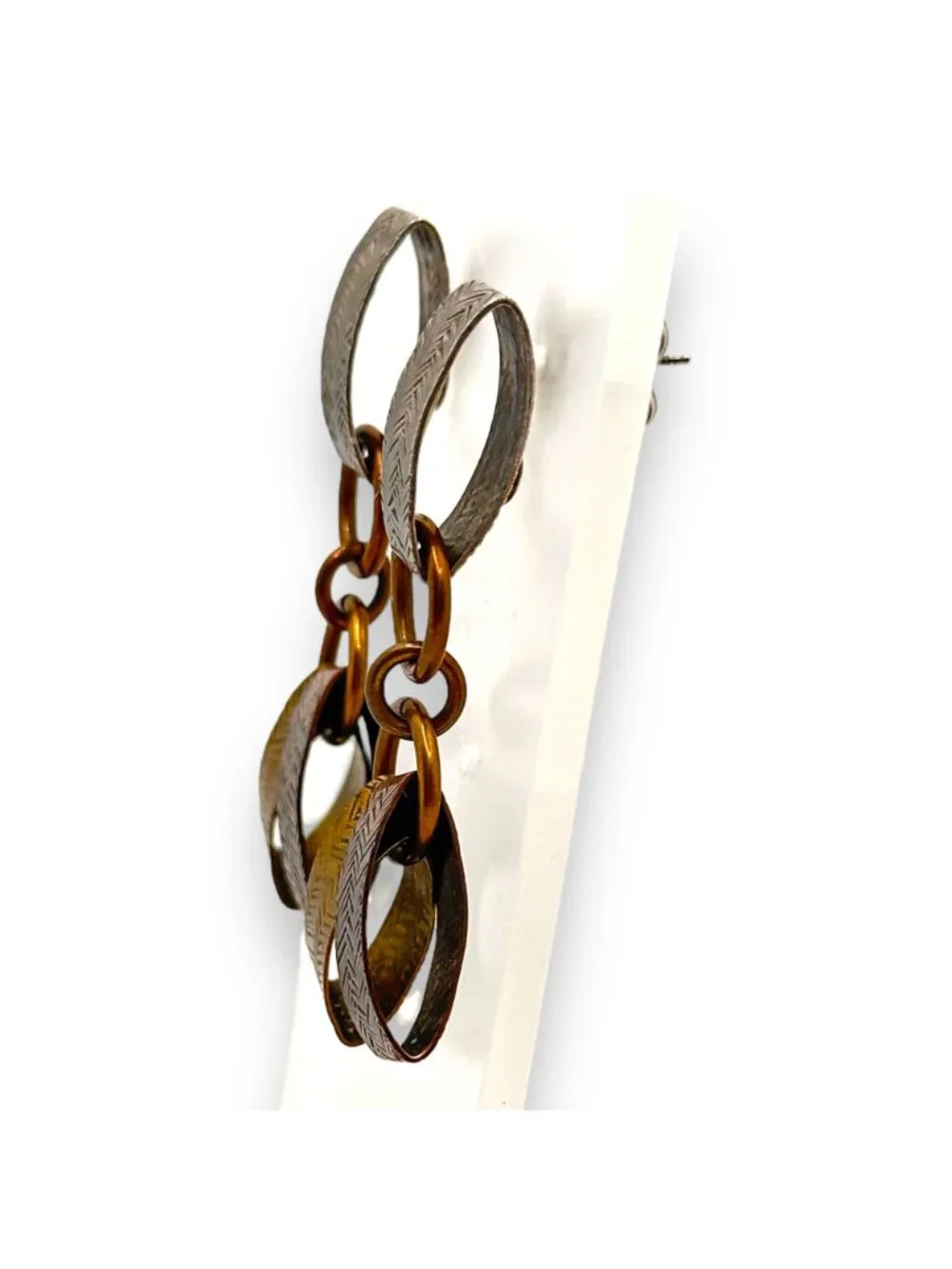 Vintage MB SF Brass & Sterling Silver Loop Dangle Earrings With Chevron Pattern